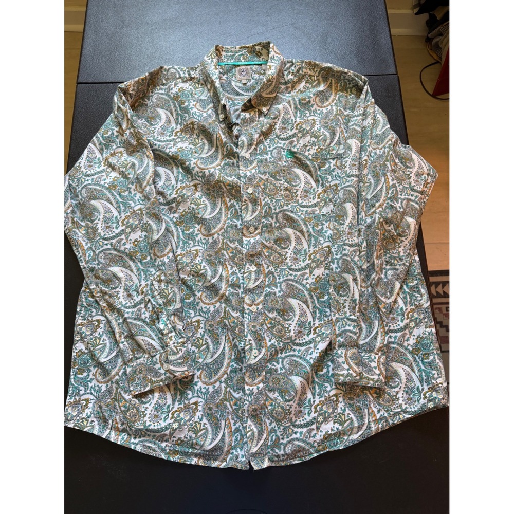 Cinch Mens XXL Paisley Button Down Western Shirt Teal Gold Long Sleeve Cotton